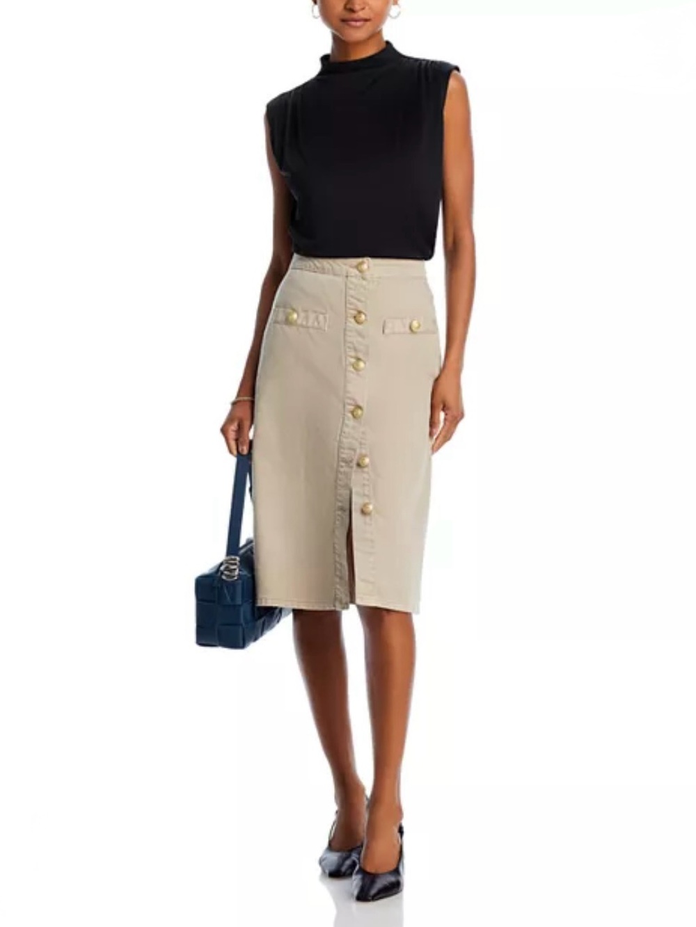 L’AGENCE  Landry Button Front Midi Skirt - Biscuit Khaki Gold - 31 Twill / Denim